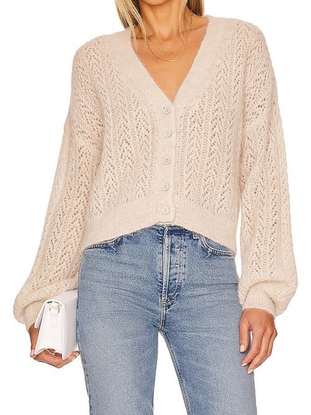 Free People Amelia Alpaca Open Stitch Button Front Blouson Sleeve Cardigan